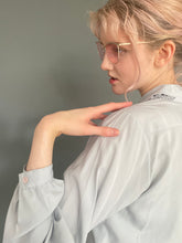 Load image into Gallery viewer, Vintage 80s Light Grey Sexy Silky Button Shirt Top With Lace Detail Collar
