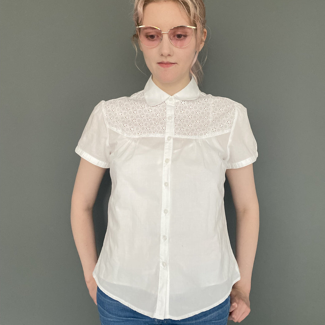 Vintage Y2K White Broderie Anglasie Short Sleeve Shirt Blouse Top by Laura Ashley