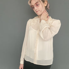 Load image into Gallery viewer, Vintage 80s Sheer Nude Long Sleeve Button Blouse Top With Lace Collar
