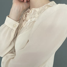 Load image into Gallery viewer, Vintage 80s Sheer Nude Long Sleeve Button Blouse Top With Lace Collar
