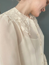 Load image into Gallery viewer, Vintage 80s Sheer Nude Long Sleeve Button Blouse Top With Lace Collar
