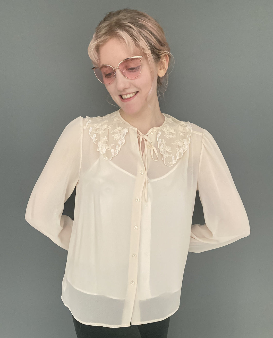 Vintage 80s Sheer Nude Long Sleeve Button Blouse Top With Lace Collar