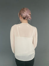 Load image into Gallery viewer, Vintage 80s Sheer Nude Long Sleeve Button Blouse Top With Lace Collar
