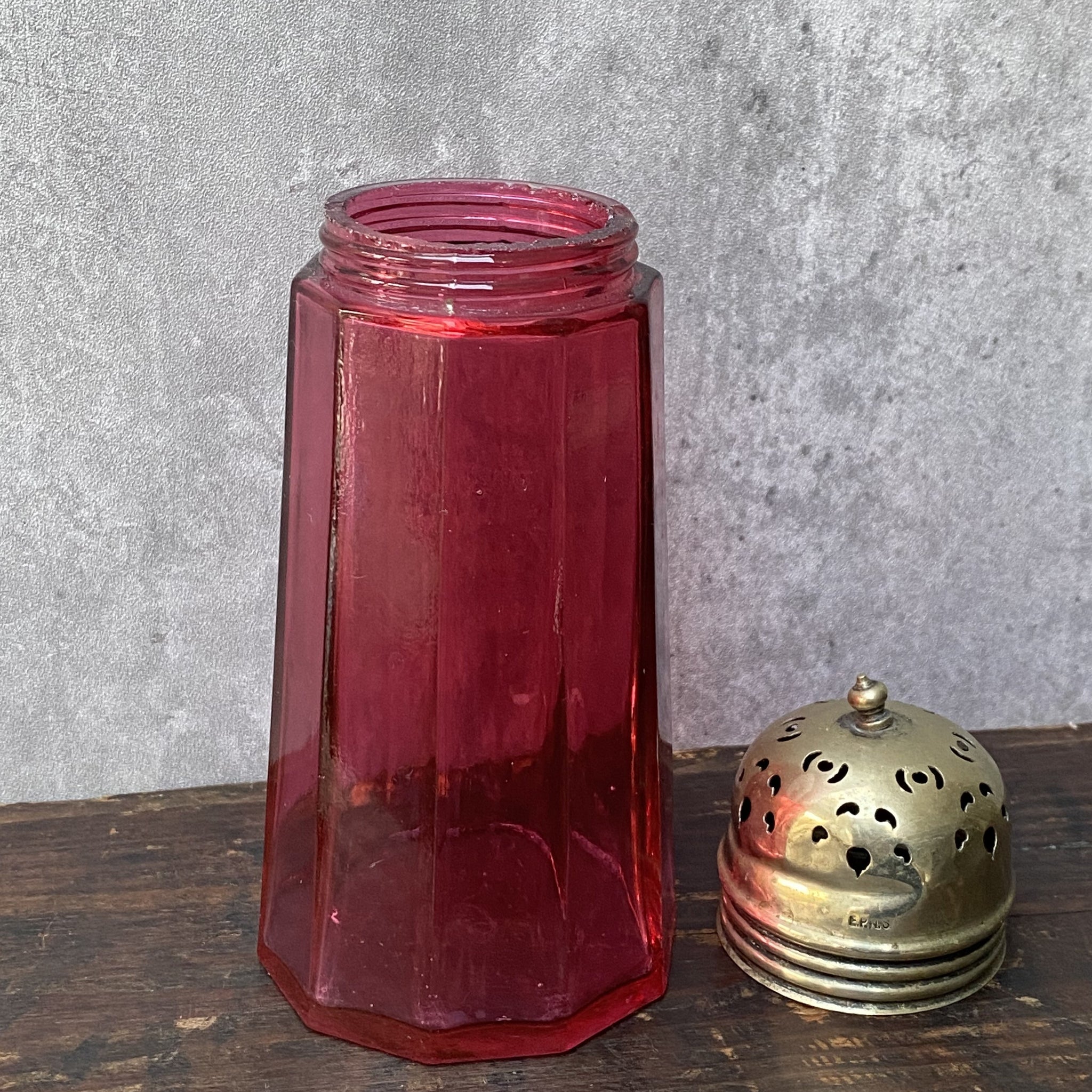 Antique Cranberry Glass Muffineer Sugar Shaker EPNS Pierced Lid 2024