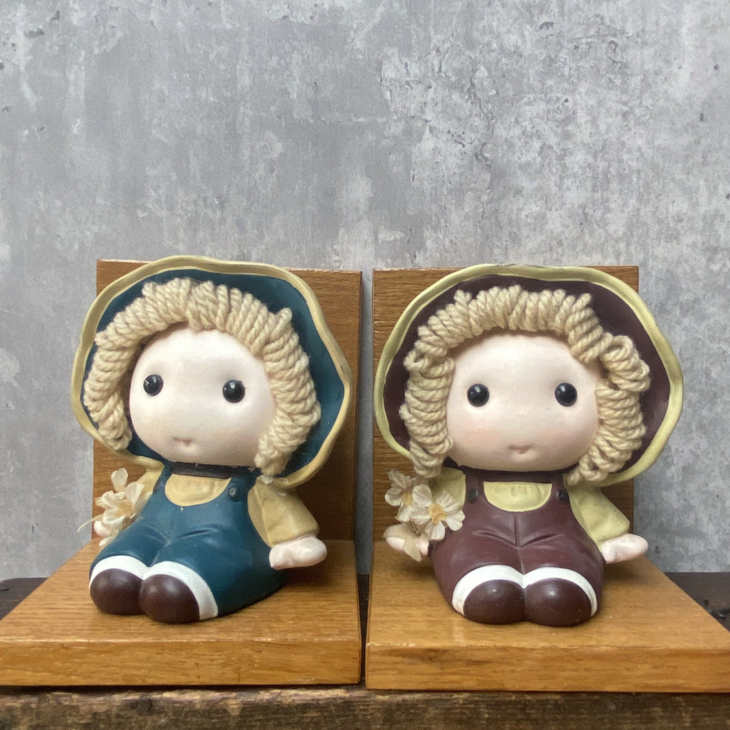 Vintage Porcelain & Wood Doll Figurine Bookends