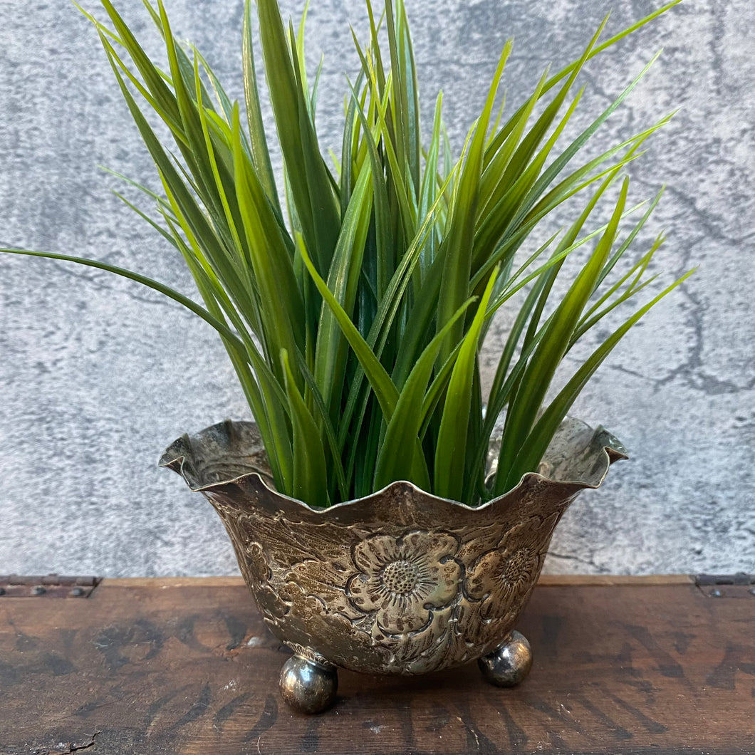 Vintage British 1920s Floral Etched Silver Plated Planter Plant Pot