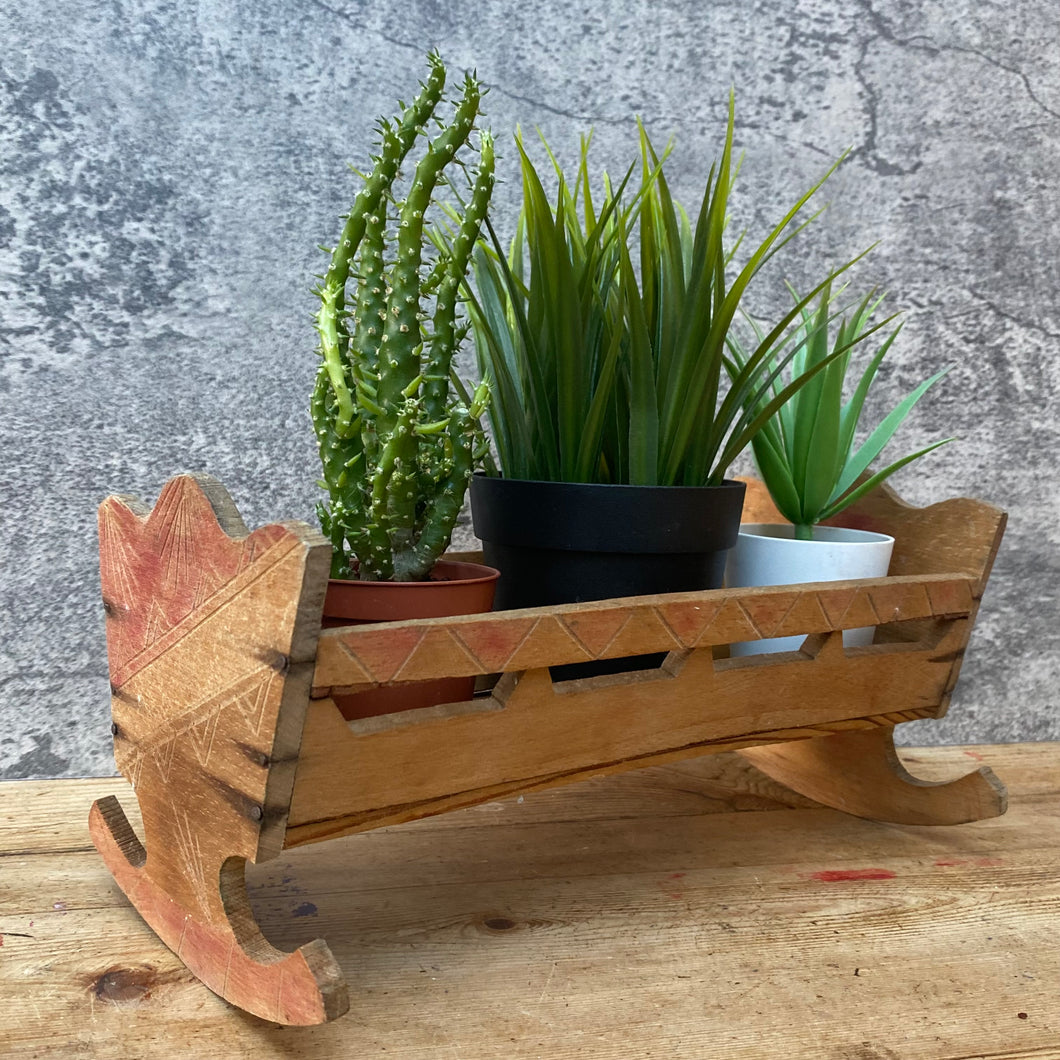 Vintage Handmade Wooden Rocking Crib Plant Pot Planter