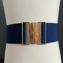 Load image into Gallery viewer, Vintage 80s Brass Buckle Blue Elasticated Belt
