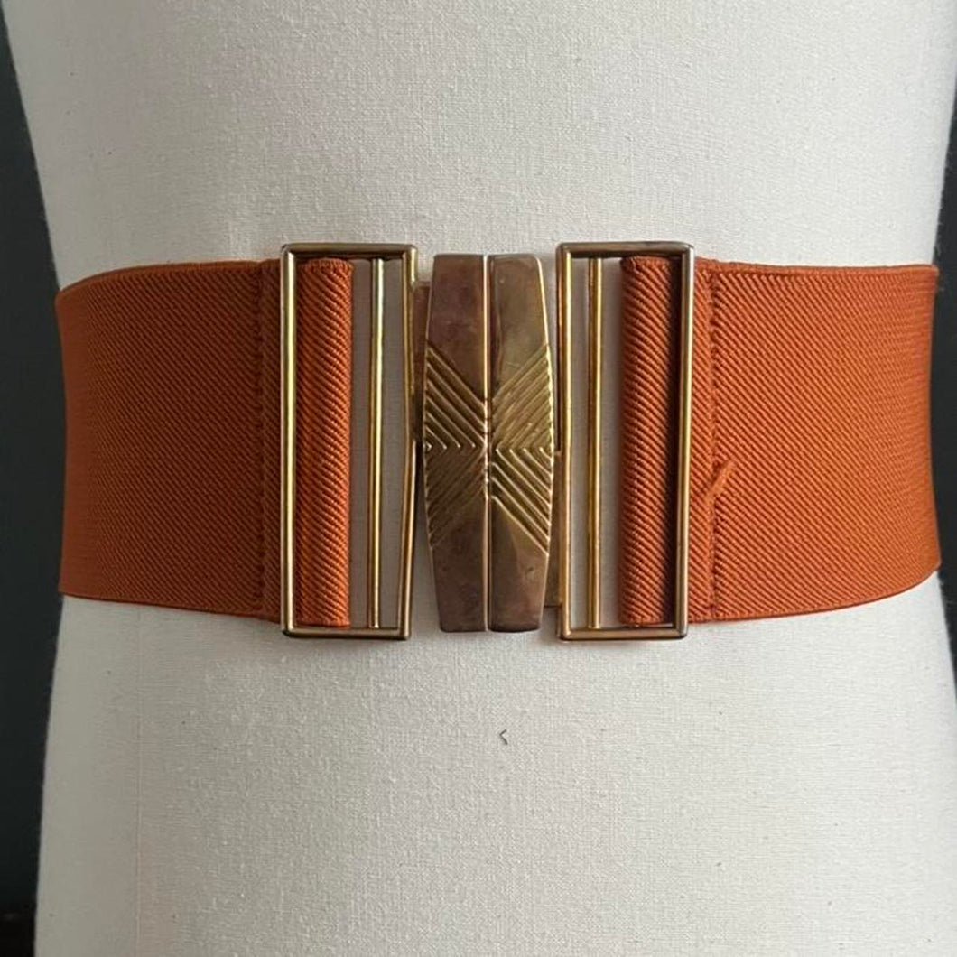 Vintage 80s Brass Buckle Burnt Orange Elasticated Belt