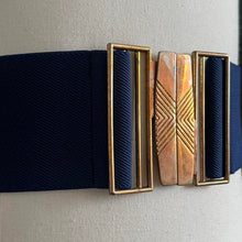 Load image into Gallery viewer, Vintage 80s Brass Buckle Blue Elasticated Belt
