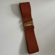 Load image into Gallery viewer, Vintage 80s Brass Buckle Burnt Orange Elasticated Belt
