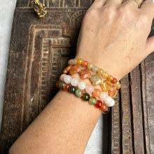 Load image into Gallery viewer, Stack of 4 natural crystal gemstone stacking bracelets with charms - Agate - Rose Quartz
