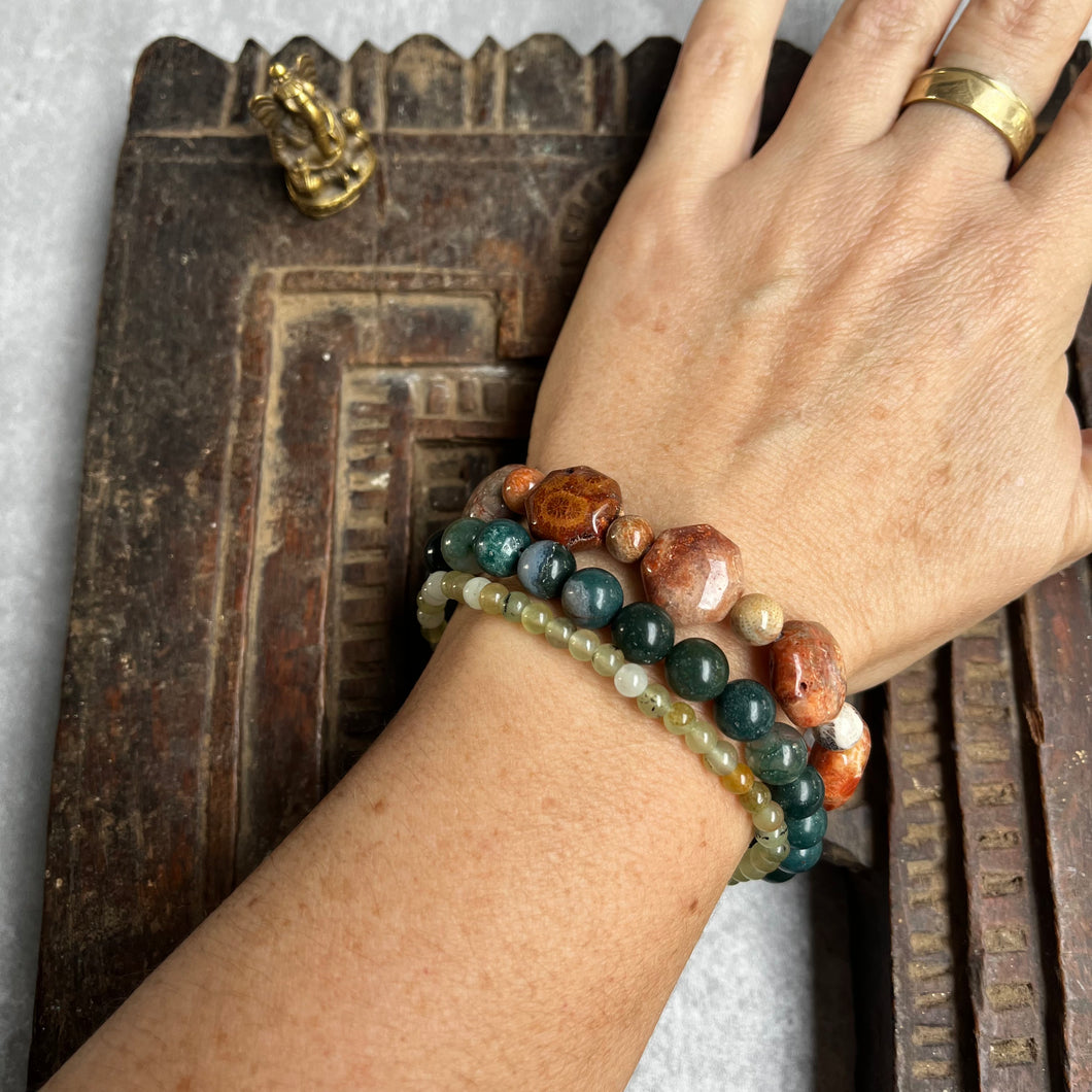 Trio of natural crystal gemstone stacking bracelets - Agate - Jade