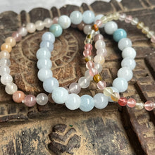 Load image into Gallery viewer, Trio of natural crystal gemstone stacking bracelets with moon charm
