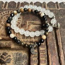 Load image into Gallery viewer, Pair of natural crystal gemstone stacking bracelets with moon &amp; lotus seed/flower charms
