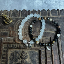 Load image into Gallery viewer, Pair of natural crystal gemstone stacking bracelets with moon &amp; lotus seed/flower charms
