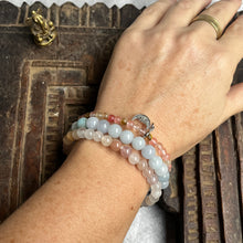 Load image into Gallery viewer, Trio of natural crystal gemstone stacking bracelets with moon charm
