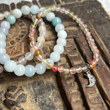 Load image into Gallery viewer, Trio of natural crystal gemstone stacking bracelets with moon charm
