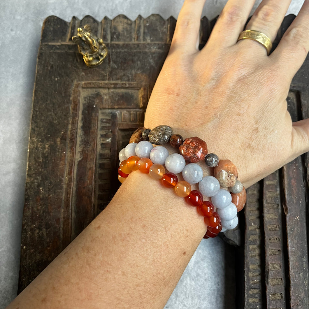 Trio natural crystal gemstone stacking bracelets - Blue Quartz - Agate - Carnelian