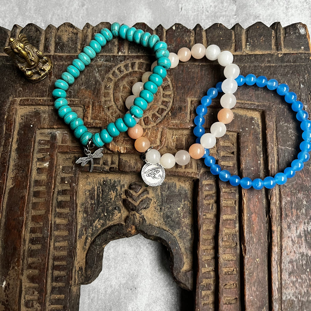 Trio of natural crystal gemstone stacking bracelets with charms - Aquamarine - Turquoise - Rose Quartz