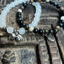 Load image into Gallery viewer, Pair of natural crystal gemstone stacking bracelets with moon &amp; lotus seed/flower charms
